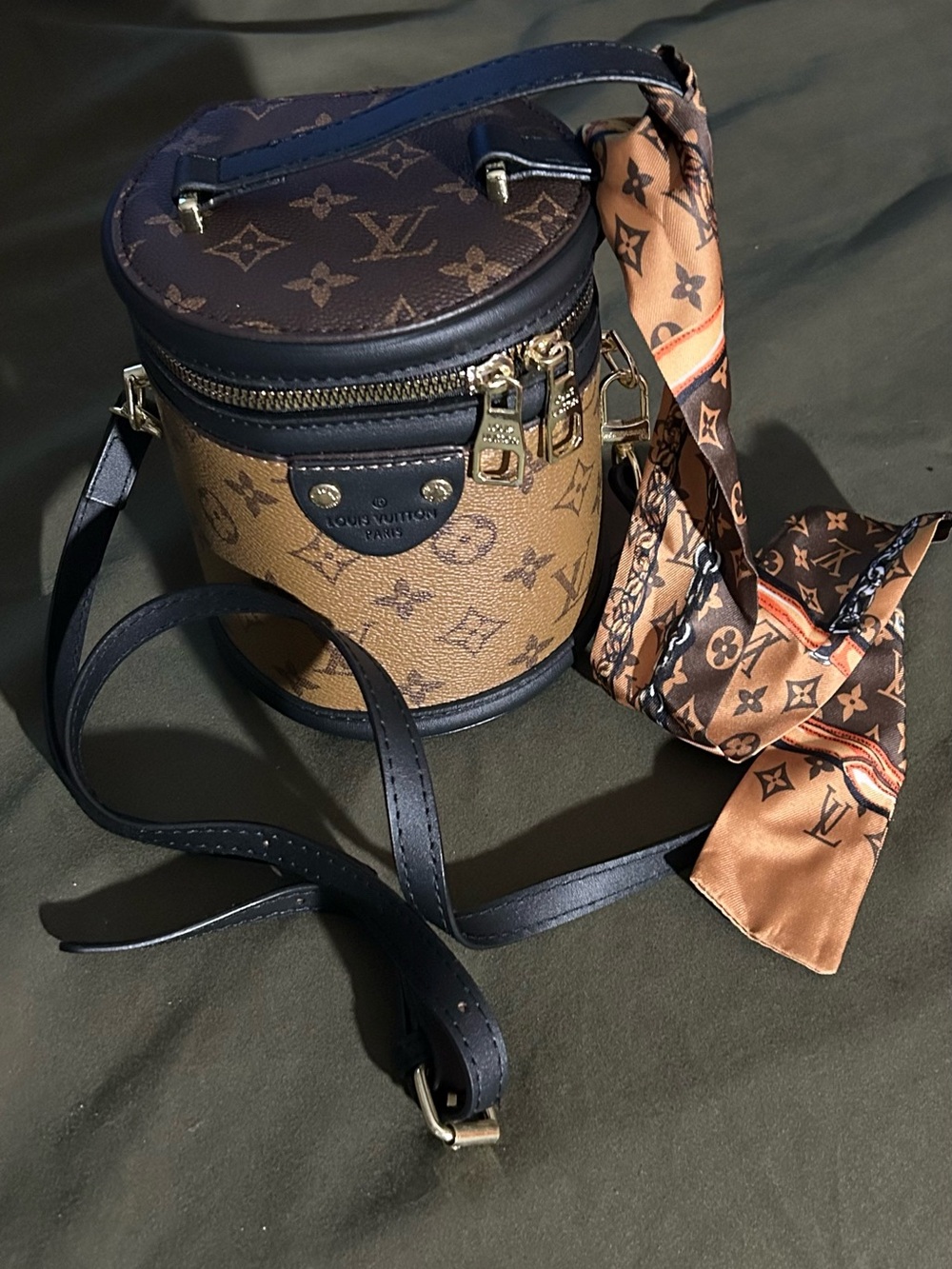 Louis Vuitton Monogram Mini Cylinder Bag with Silk Scarf - Brown & Navy